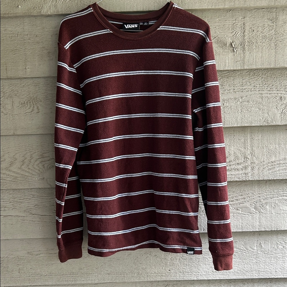 Vans Men's Burgundy and White Striped Long Sleeve Pullover